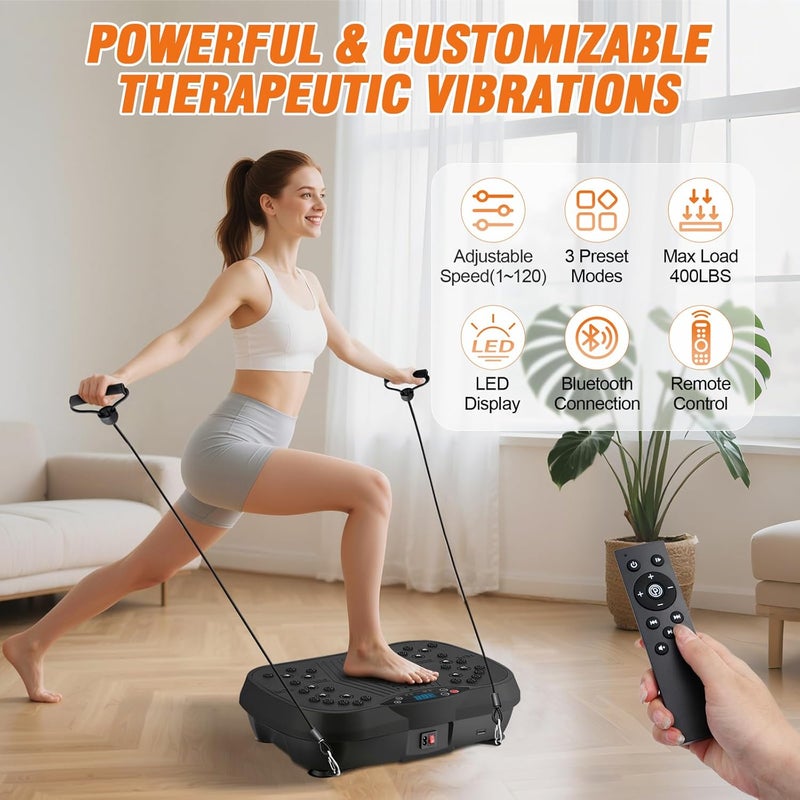 ALSO GO Vibration Plate Exercise Machine, 6 Workout Modes & 120-Level Vibration Platform for Weight Loss/Lymphatic Drainage, 400lbs Capacity Vibration Board with Resistance Bands for Full Body Workout - Image 3